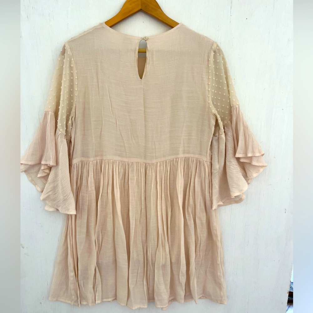UMGEE Cream Floral Embroidered Babydoll Dress Fluted Sleeves Lined Size M - Picture 8 of 9